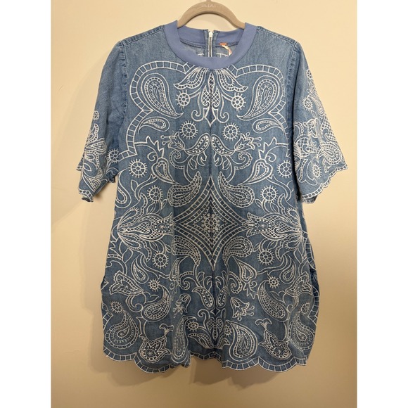 Free People Embroidered Denim Mini Dress Blue Paisley Scalloped Hem NWT - Picture 3 of 6